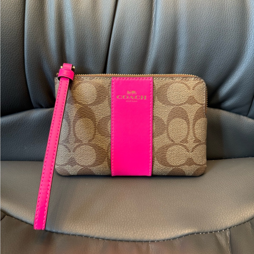 Like NEW Neon Pink and Signature Brown Coach Wristlet